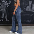 2026 Spring Women's Y2K Jeans Vintage Wash Blue Flared Pants Belt-Detail Slim Fit Extra Long Raw Hem
