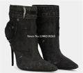 Western Fashion Blue Black Denim Short Boots Pointed Toe Sexy Slip-on Stiletto Heel Jean Ankle Booties Casual High Heels