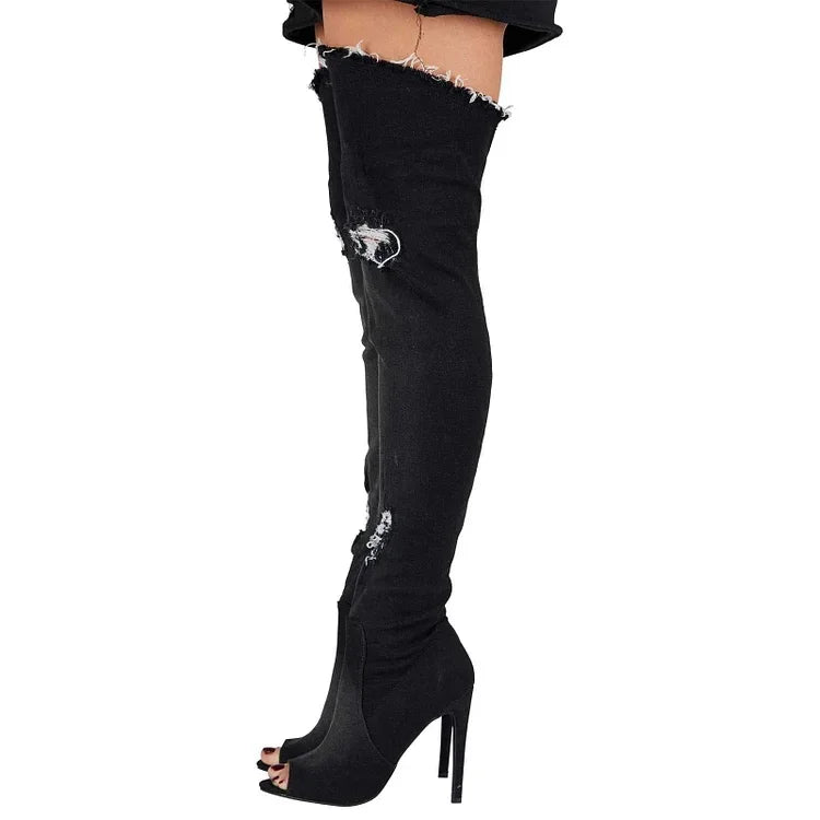 2026 New Boots Women Thigh High Boots Women Boots High Heels Shoes Tassel Jean Boot Ladies Shoes Peep Toe 44