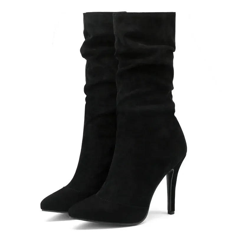 Jeans Denim Flock Material Pointed Toe Sexy Stilettos Pink Nude Color Super Thin High Heels Mid-calf Pleated Design Women Boots