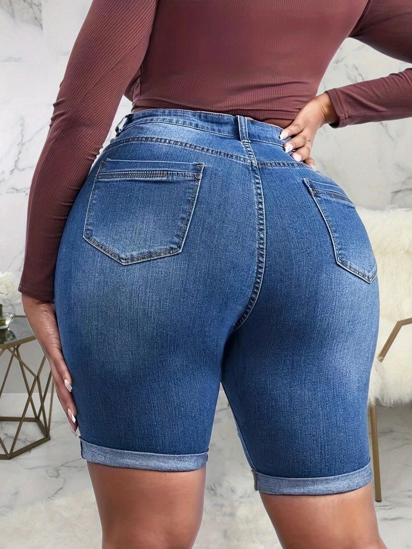 Women Ripped Skinny Denim Short High Waisted Folded Cuffed Hem Jeans Shorts Summer Stretchy Slim Jean Short Pant Archaic
