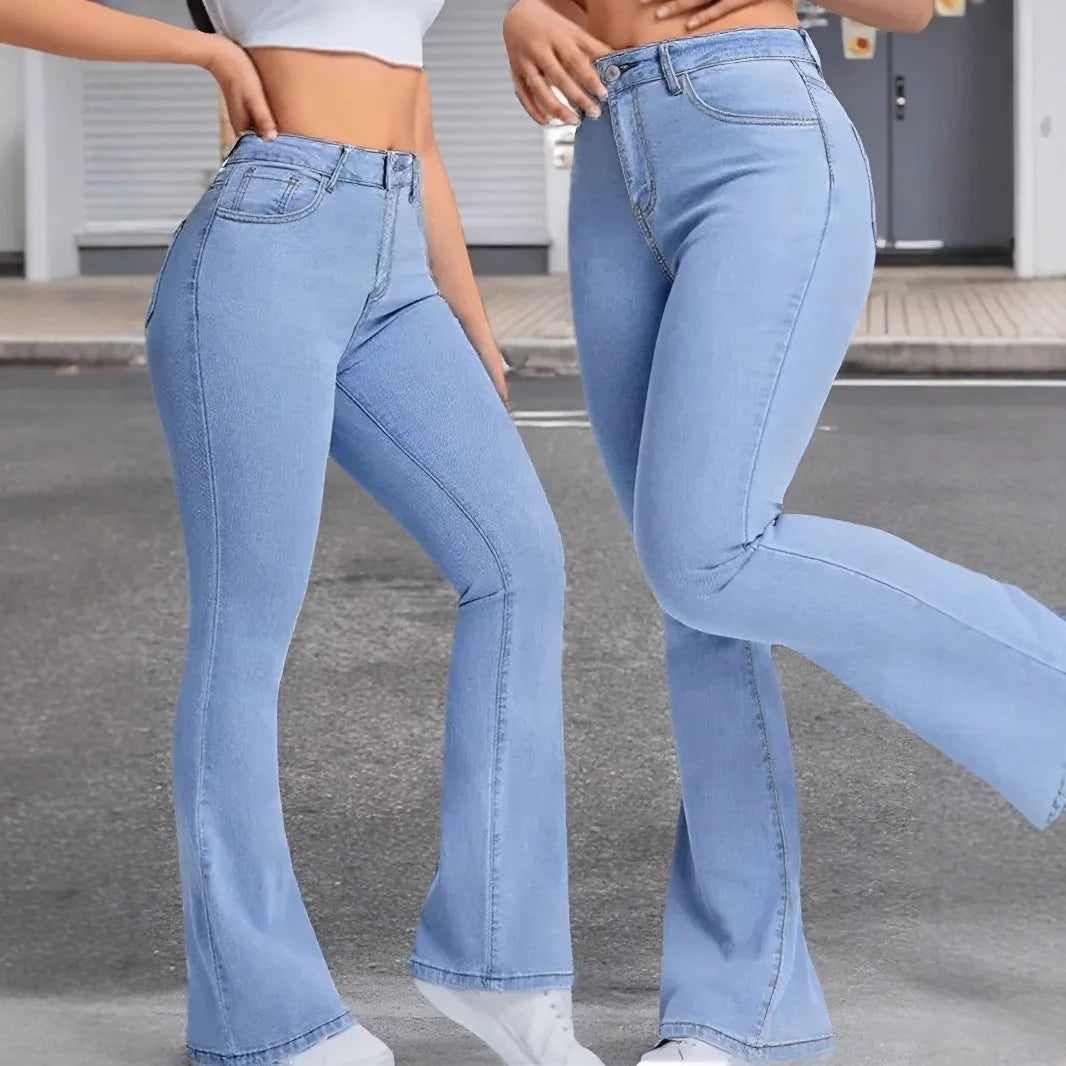 Washed Vintage Slimming Micro-flared Jeans. Four Seasons New Fashionable,Simple High-waisted Casual Floor-length Jeans for Women