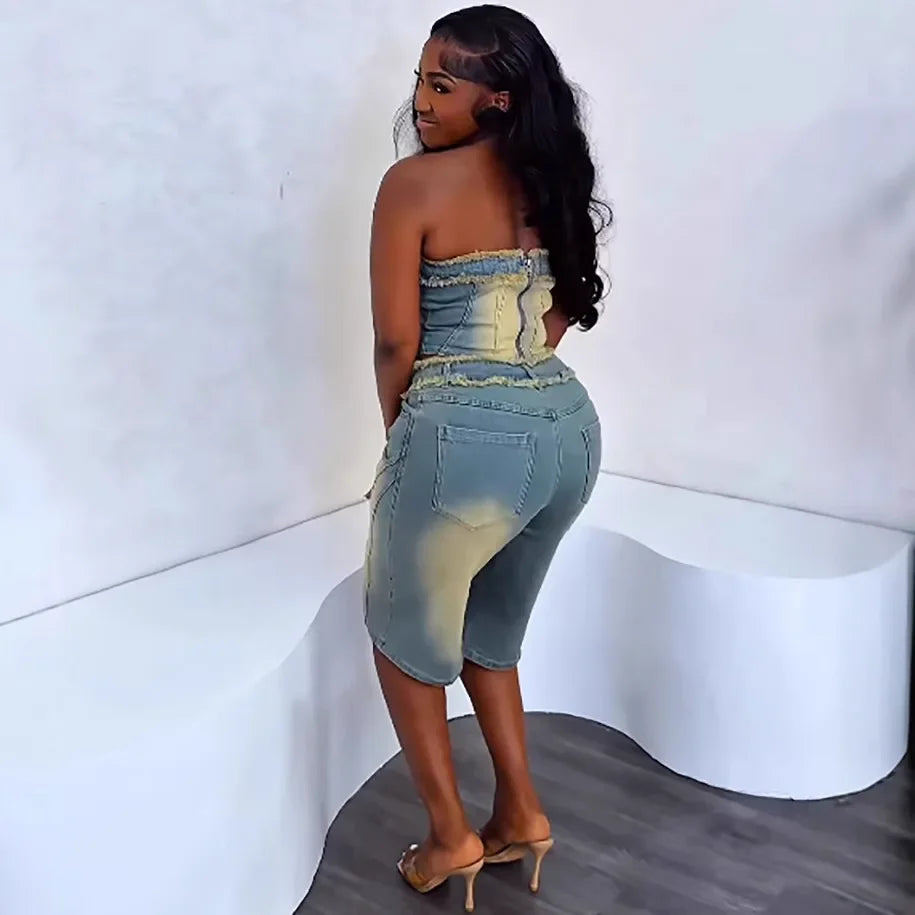 European and American Women's Denim Suits. Summer's New Fashionable Fringed Strapless Top and High-waisted Short Jeans for Women