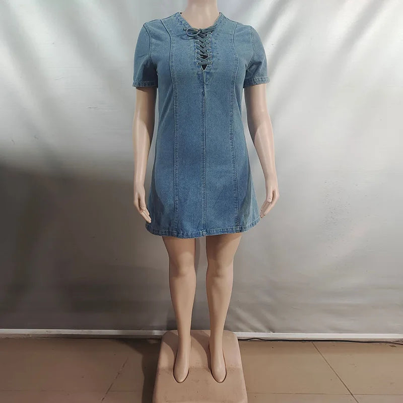 Benuynffy Vintage Front Lace Up Denim Dress Women's Summer 2025 Street Fashion Short Sleeve Washed Matching Mini Jean Dresses