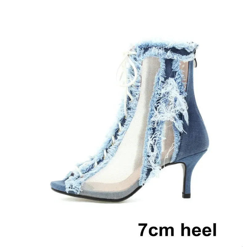 Brushed Fringes Denim Jeans Punk Gothic Lace-up Summer Women Boots Peep Toe Thin High Heels Blue Stiletto Boots Sandals