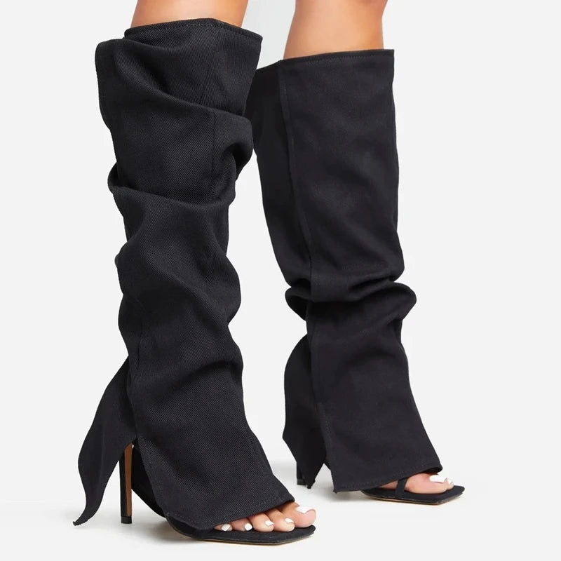 Sexy High Heel Denim Fold-over Pipe Boots Woman Peep Toe Two Pieces  Black Jeans Side Covered High Heel Knee Boots Shoes