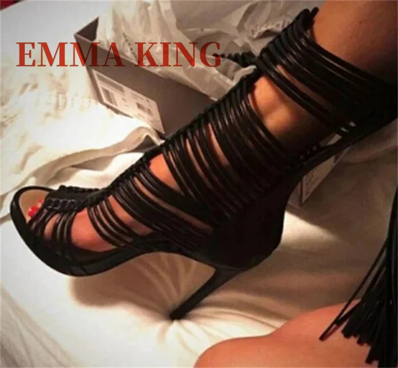 Women Open Toe Straps Ankle Wrap Gladiator Boots Black White High Heel Cut-out Tassels Boots Dress Shoes 35-44