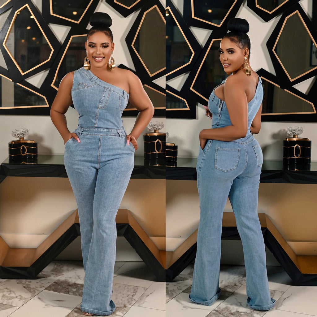 Demin Overalls Women Jumpsuits One Shoulder Mom Jeans Bodycon Long Pants Flare Pant High Waist Streetwear Y2k Slim Fit Rompers