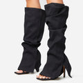 Sexy High Heel Denim Fold-over Pipe Boots Woman Peep Toe Two Pieces  Black Jeans Side Covered High Heel Knee Boots Shoes