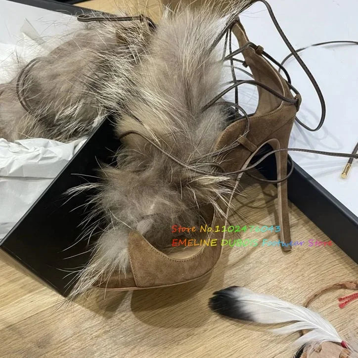 Fur Decor High Heel Ankle Boot Women Sexy Peep Toe Suede Stiletto Heel Lace Up Elegant Party Dress Sandals Ladies Summer Shoes