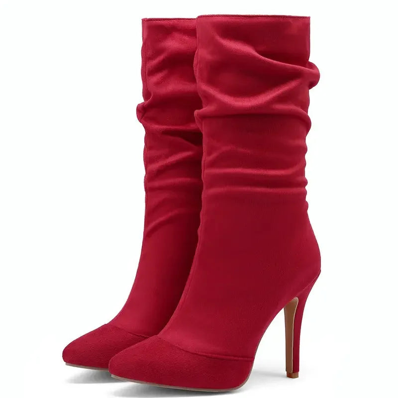 Jeans Denim Flock Material Pointed Toe Sexy Stilettos Pink Nude Color Super Thin High Heels Mid-calf Pleated Design Women Boots