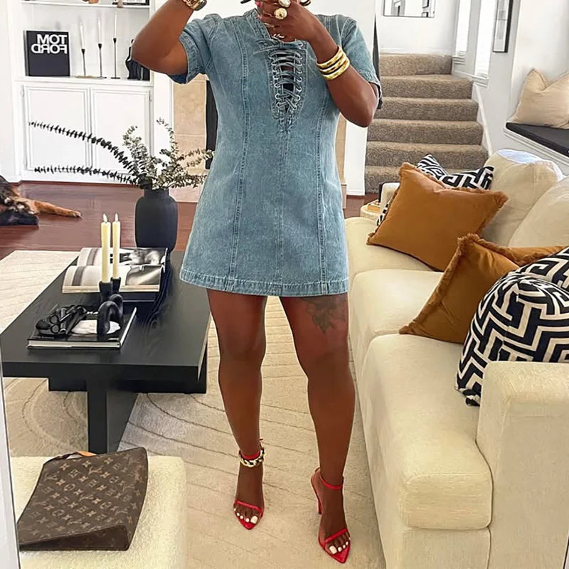 Benuynffy Vintage Front Lace Up Denim Dress Women's Summer 2025 Street Fashion Short Sleeve Washed Matching Mini Jean Dresses