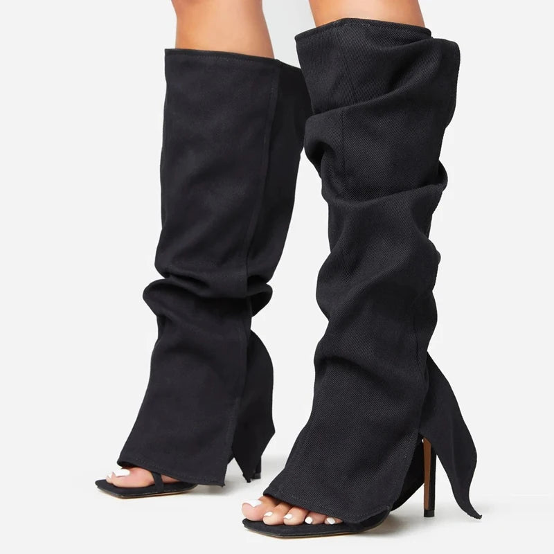 Sexy High Heel Denim Fold-over Pipe Boots Woman Peep Toe Two Pieces  Black Jeans Side Covered High Heel Knee Boots Shoes