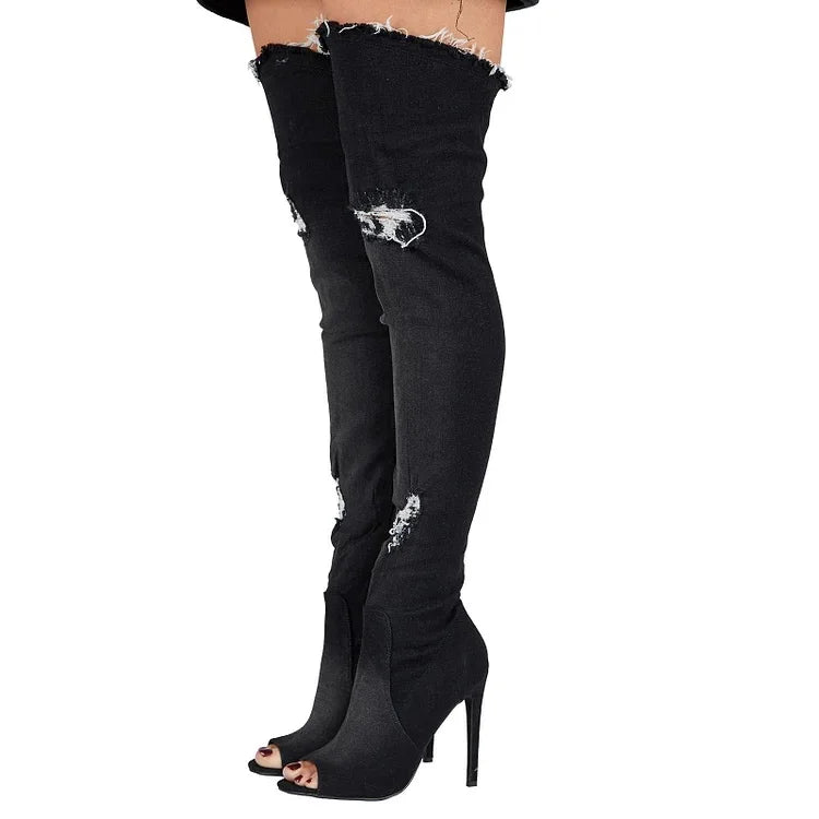 2026 New Boots Women Thigh High Boots Women Boots High Heels Shoes Tassel Jean Boot Ladies Shoes Peep Toe 44