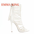 Women Open Toe Straps Ankle Wrap Gladiator Boots Black White High Heel Cut-out Tassels Boots Dress Shoes 35-44