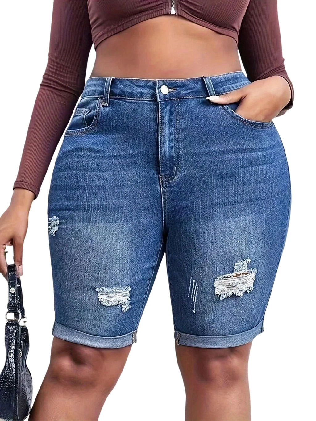 Women Ripped Skinny Denim Short High Waisted Folded Cuffed Hem Jeans Shorts Summer Stretchy Slim Jean Short Pant Archaic
