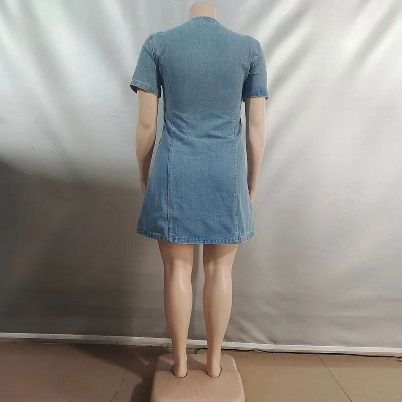 Benuynffy Vintage Front Lace Up Denim Dress Women's Summer 2025 Street Fashion Short Sleeve Washed Matching Mini Jean Dresses