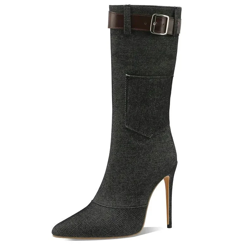 Sexy Denim Jeans Blue Black Color Pointed Toe Women Shoes Buckle Belt Thin High Heels Stiletto Mid-calf Boots