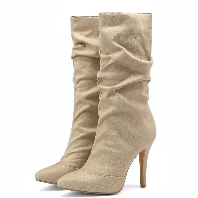 Jeans Denim Flock Material Pointed Toe Sexy Stilettos Pink Nude Color Super Thin High Heels Mid-calf Pleated Design Women Boots