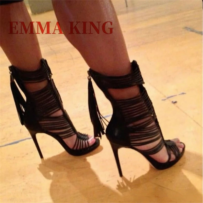 Women Open Toe Straps Ankle Wrap Gladiator Boots Black White High Heel Cut-out Tassels Boots Dress Shoes 35-44
