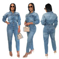 Women Jeans Long Sleeve Single Breasted Overalls Ankle Length Pencil Pants Denim Pockets High Street Solid Button Jumpsuits
