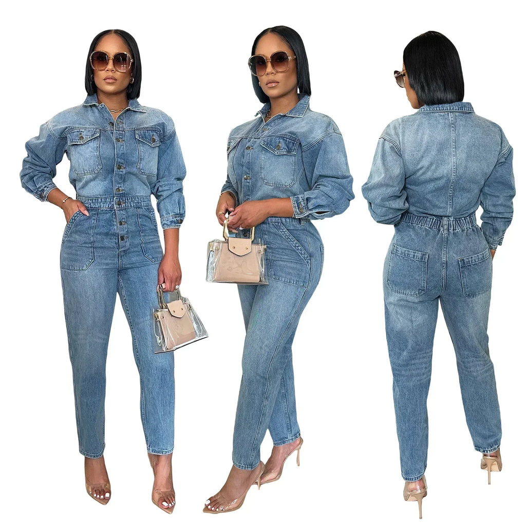 Women Jeans Long Sleeve Single Breasted Overalls Ankle Length Pencil Pants Denim Pockets High Street Solid Button Jumpsuits