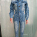 Women Jeans Long Sleeve Single Breasted Overalls Ankle Length Pencil Pants Denim Pockets High Street Solid Button Jumpsuits