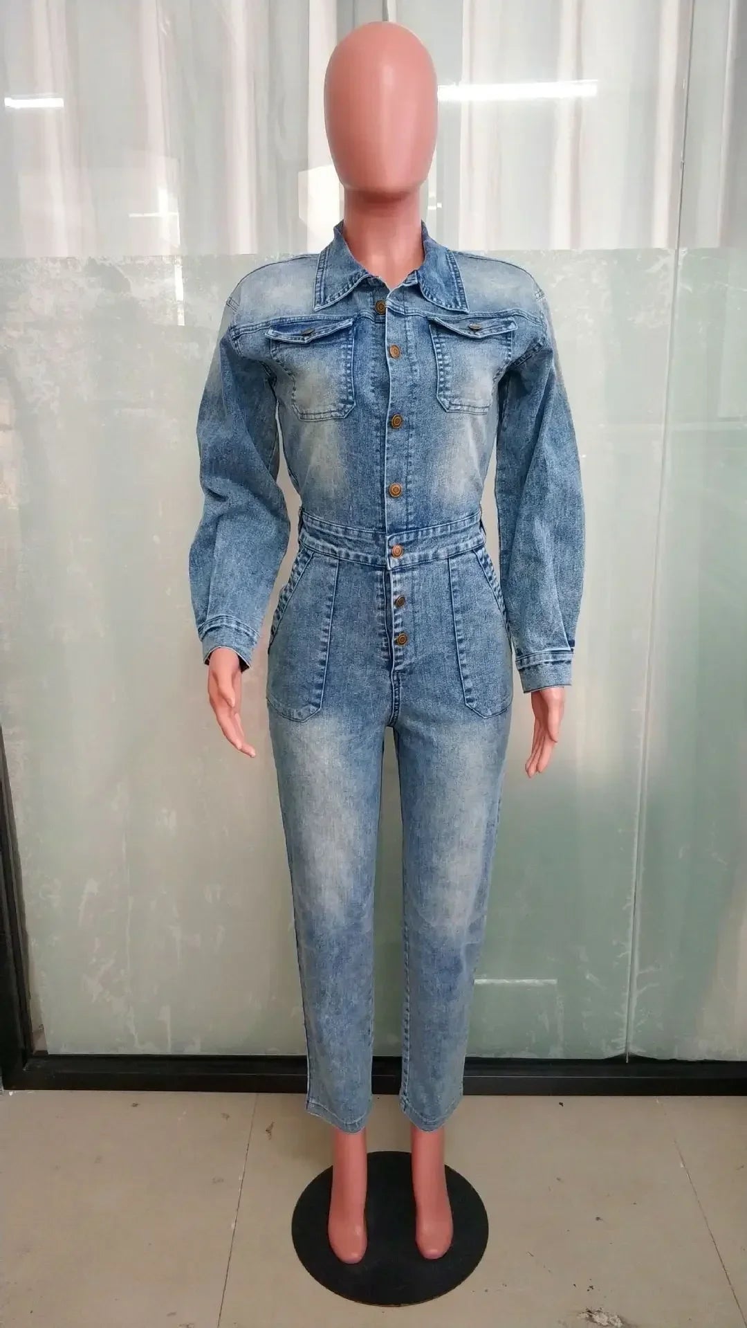 Women Jeans Long Sleeve Single Breasted Overalls Ankle Length Pencil Pants Denim Pockets High Street Solid Button Jumpsuits