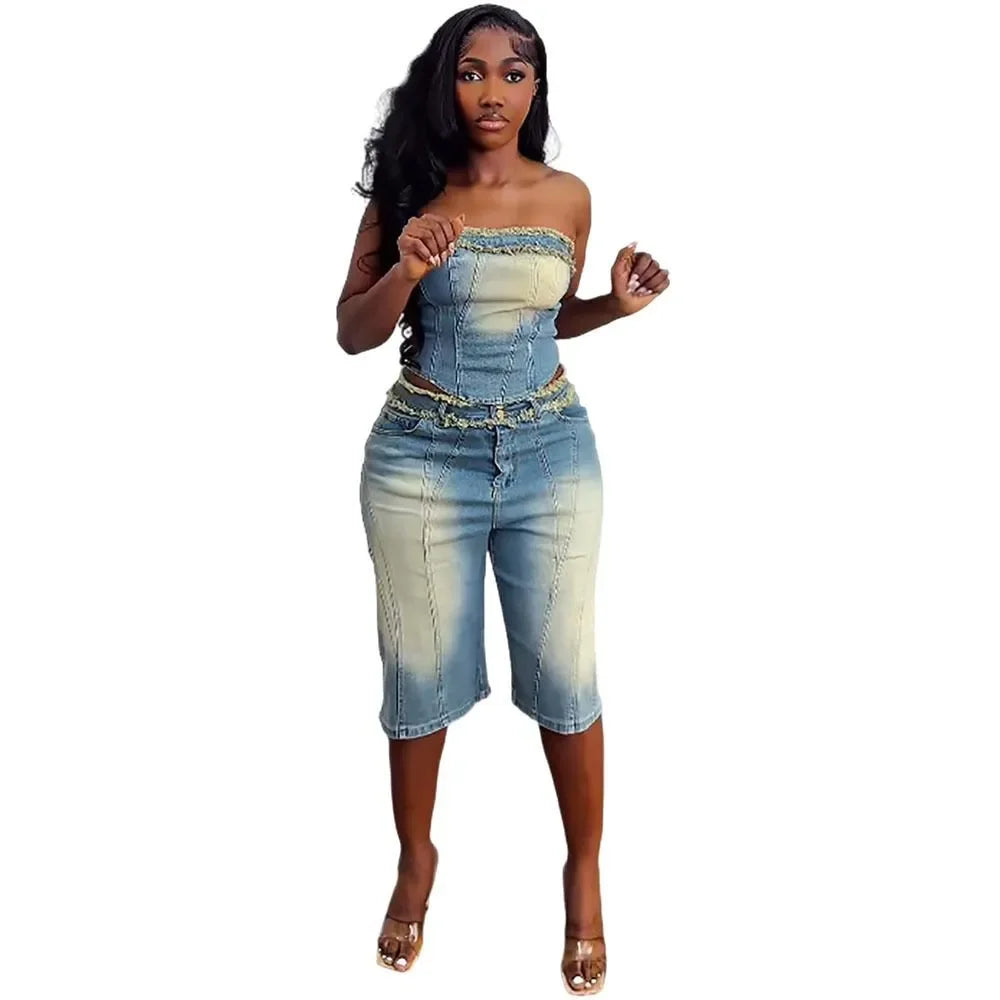 European and American Women's Denim Suits. Summer's New Fashionable Fringed Strapless Top and High-waisted Short Jeans for Women