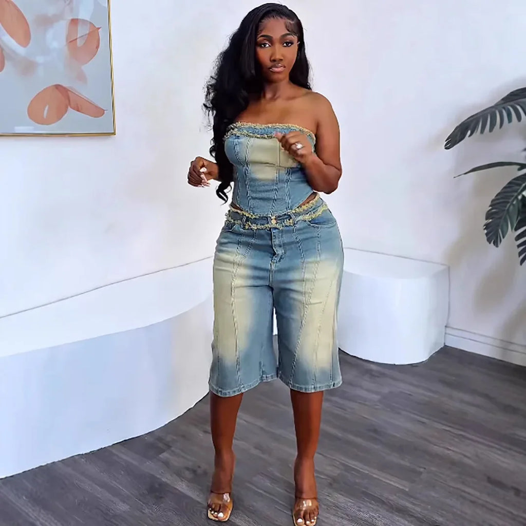 European and American Women's Denim Suits. Summer's New Fashionable Fringed Strapless Top and High-waisted Short Jeans for Women