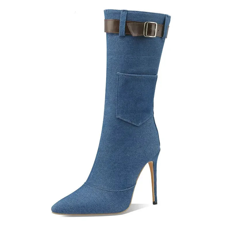 Sexy Denim Jeans Blue Black Color Pointed Toe Women Shoes Buckle Belt Thin High Heels Stiletto Mid-calf Boots