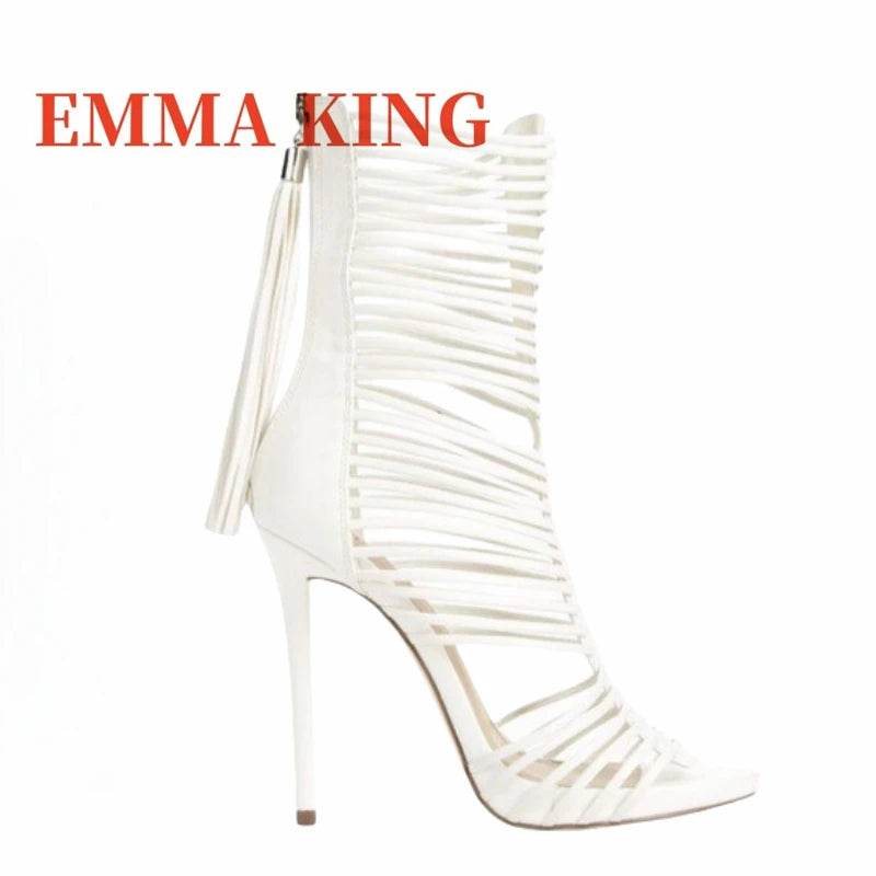 Women Open Toe Straps Ankle Wrap Gladiator Boots Black White High Heel Cut-out Tassels Boots Dress Shoes 35-44