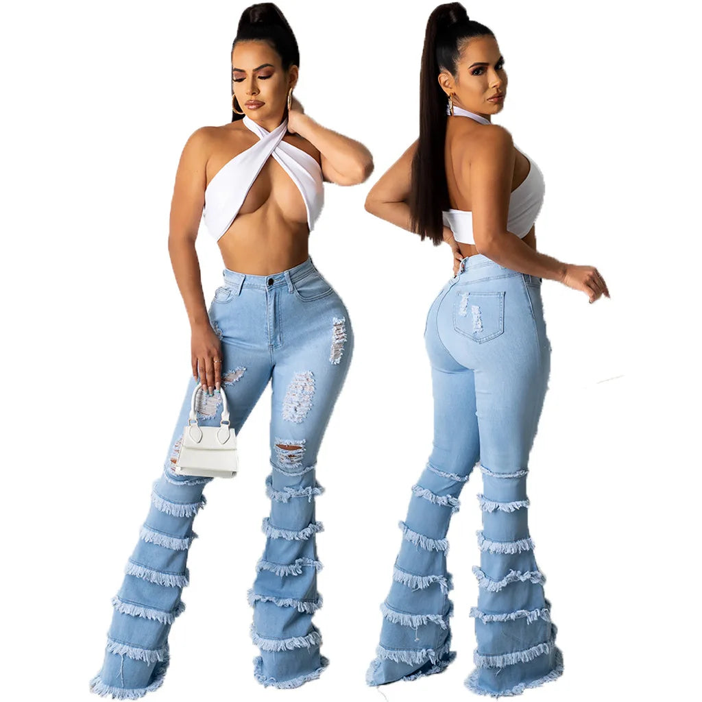 Women Jeans Flare Pants Boot Cut Jean Solid Distressed Holes Denim Pants Ripped Full Length Loose Pockets Zipper Fly Basics