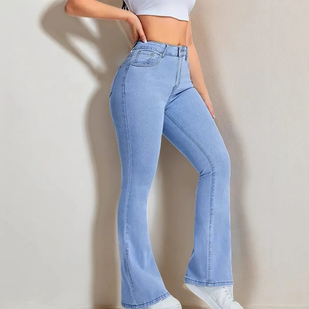 Washed Vintage Slimming Micro-flared Jeans. Four Seasons New Fashionable,Simple High-waisted Casual Floor-length Jeans for Women