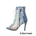 Brushed Fringes Denim Jeans Punk Gothic Lace-up Summer Women Boots Peep Toe Thin High Heels Blue Stiletto Boots Sandals