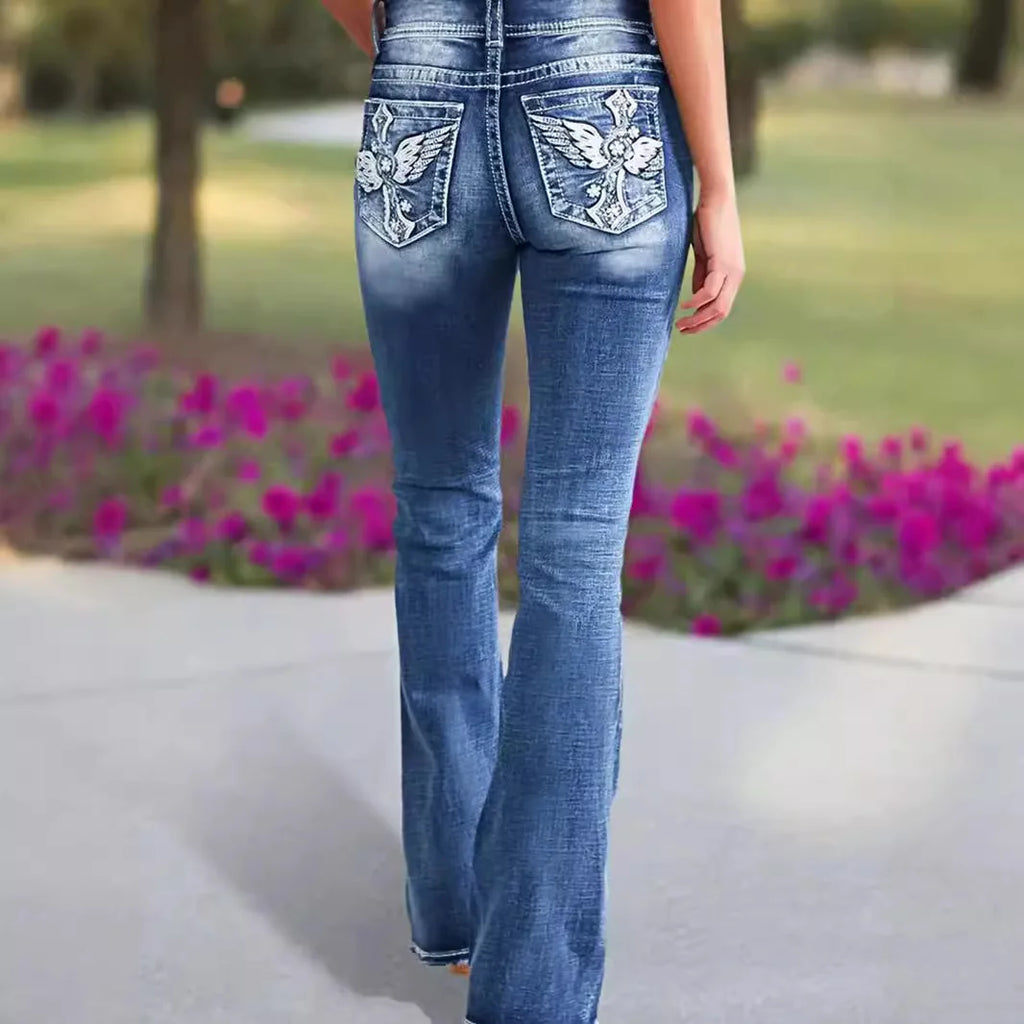 2025 New Women's High Waist Embroidery Boot Cut Jeans Fashion Slim Fit Stretch Denim Flared Pants