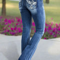 2025 New Women's High Waist Embroidery Boot Cut Jeans Fashion Slim Fit Stretch Denim Flared Pants
