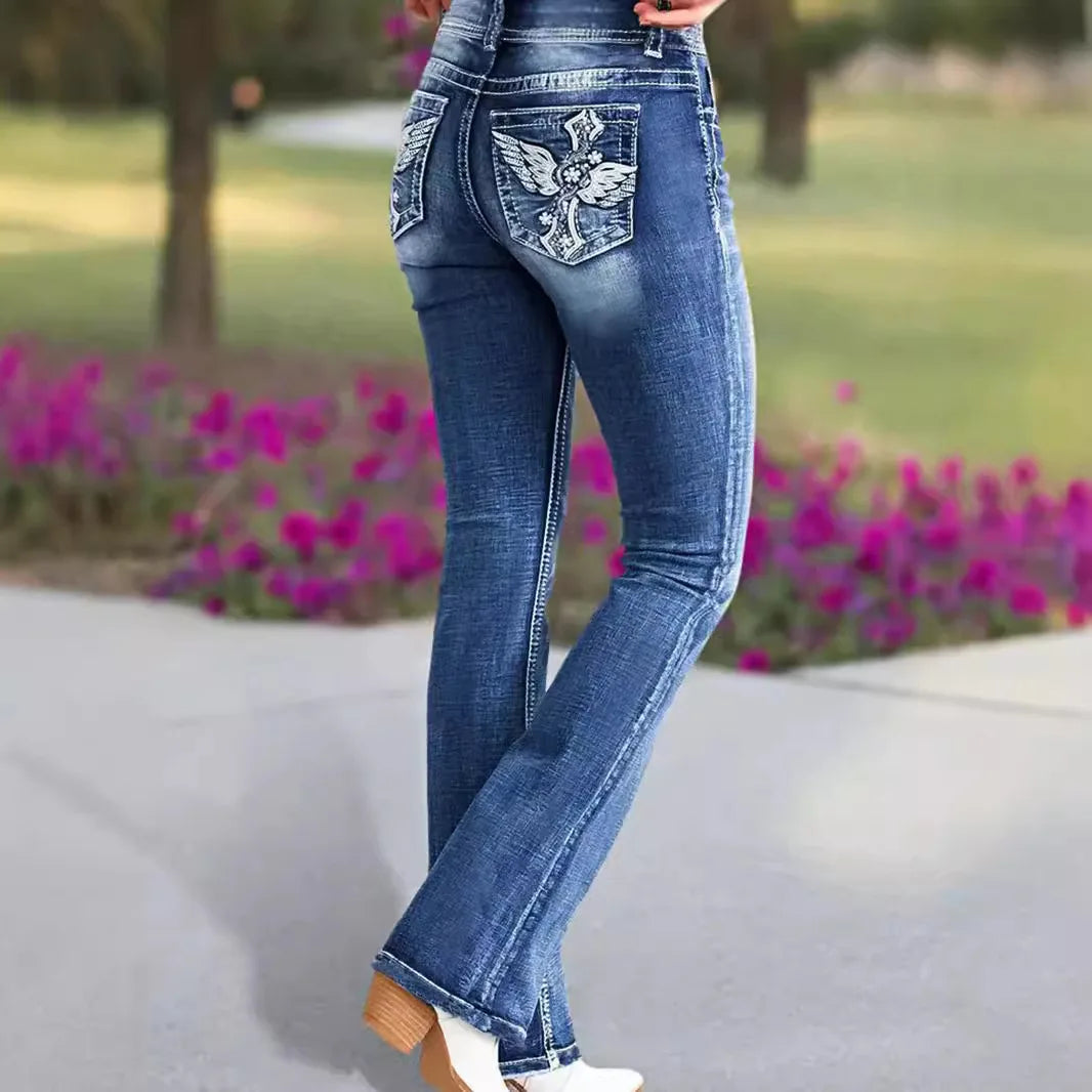 2025 New Women's High Waist Embroidery Boot Cut Jeans Fashion Slim Fit Stretch Denim Flared Pants