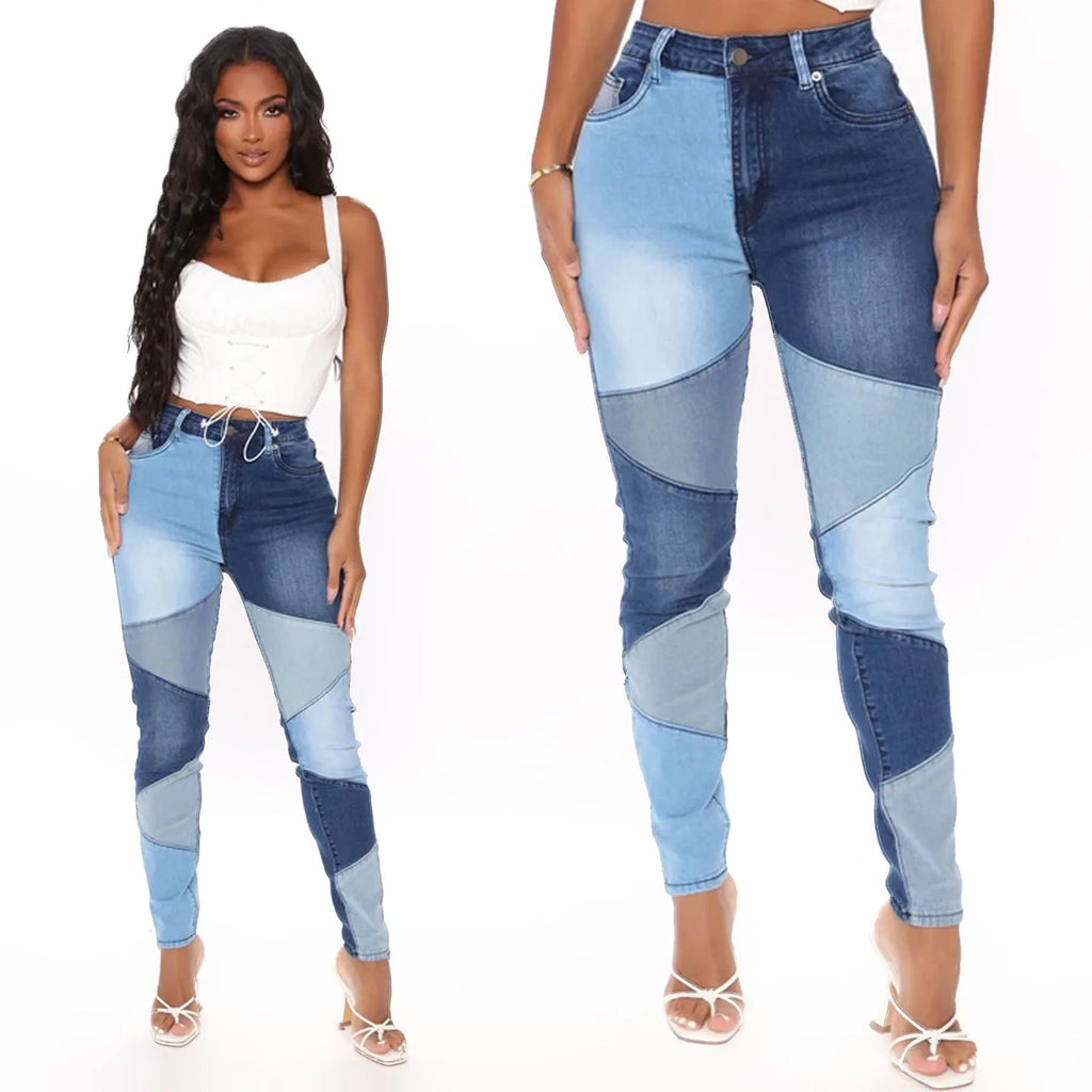 2021 New Fashion Woman Stitching High Waist Jeans High Stretch Denim Pencil Pants Street Trendy Trousers S-3XL Drop shipping
