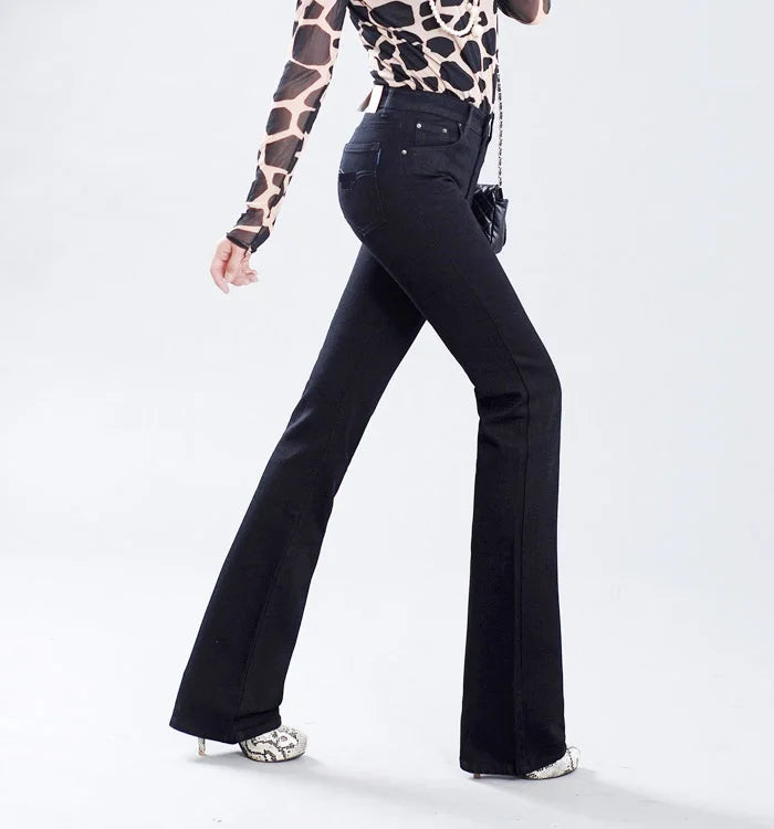 Promotion Women Autumn Bell Bottom Jeans Boot Cut Pants Office Lady Mid Waist Long Flares Trousers Size 26-38
