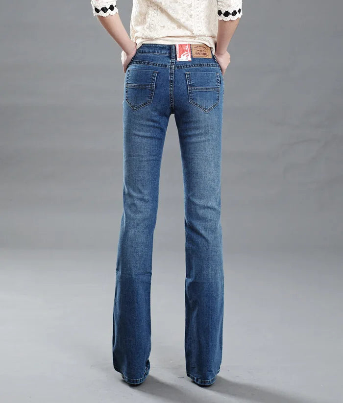 Promotion Women Autumn Bell Bottom Jeans Boot Cut Pants Office Lady Mid Waist Long Flares Trousers Size 26-38