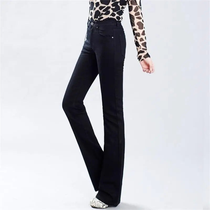 Promotion Women Autumn Bell Bottom Jeans Boot Cut Pants Office Lady Mid Waist Long Flares Trousers Size 26-38