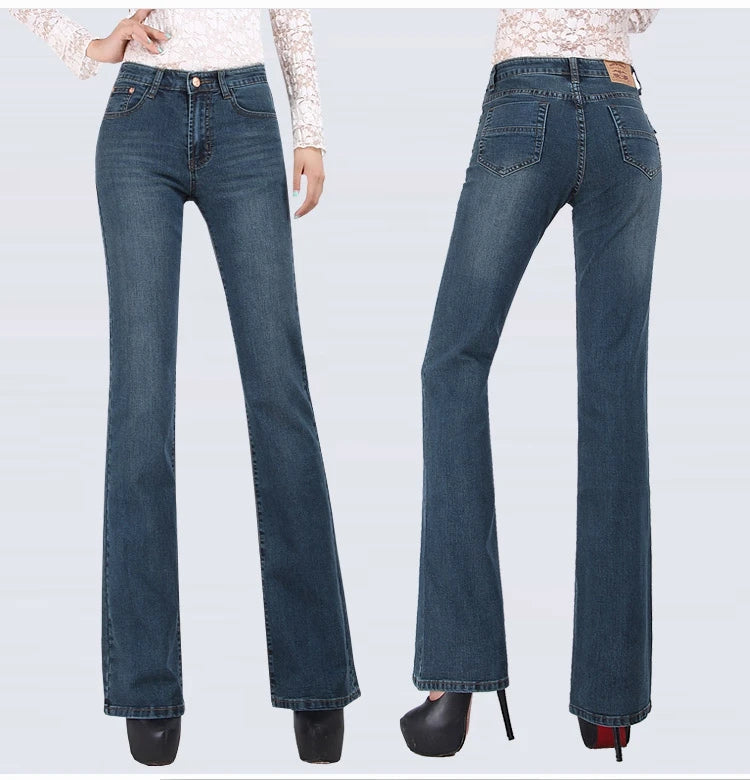 Promotion Women Autumn Bell Bottom Jeans Boot Cut Pants Office Lady Mid Waist Long Flares Trousers Size 26-38