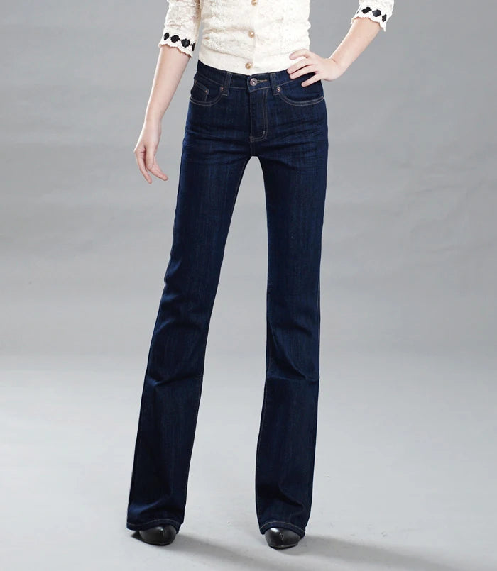 Promotion Women Autumn Bell Bottom Jeans Boot Cut Pants Office Lady Mid Waist Long Flares Trousers Size 26-38