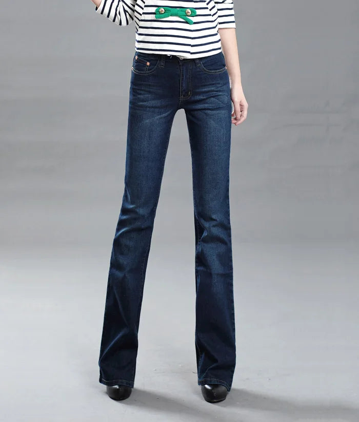 Promotion Women Autumn Bell Bottom Jeans Boot Cut Pants Office Lady Mid Waist Long Flares Trousers Size 26-38