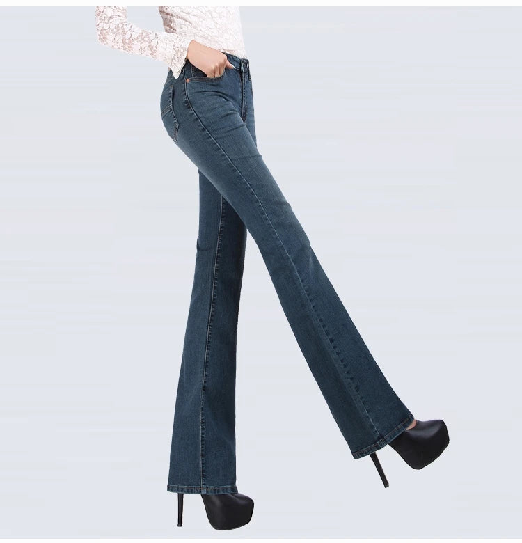 Promotion Women Autumn Bell Bottom Jeans Boot Cut Pants Office Lady Mid Waist Long Flares Trousers Size 26-38