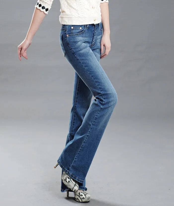 Promotion Women Autumn Bell Bottom Jeans Boot Cut Pants Office Lady Mid Waist Long Flares Trousers Size 26-38