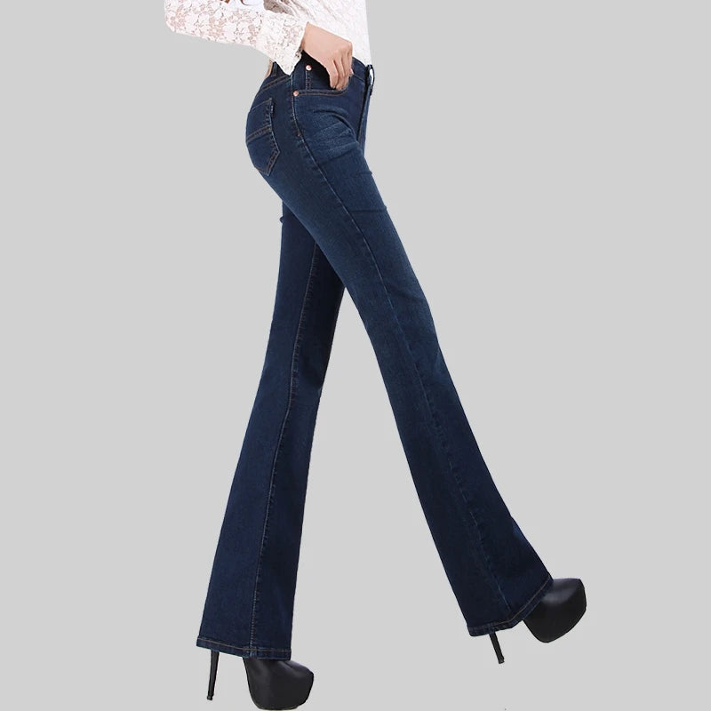 Promotion Women Autumn Bell Bottom Jeans Boot Cut Pants Office Lady Mid Waist Long Flares Trousers Size 26-38
