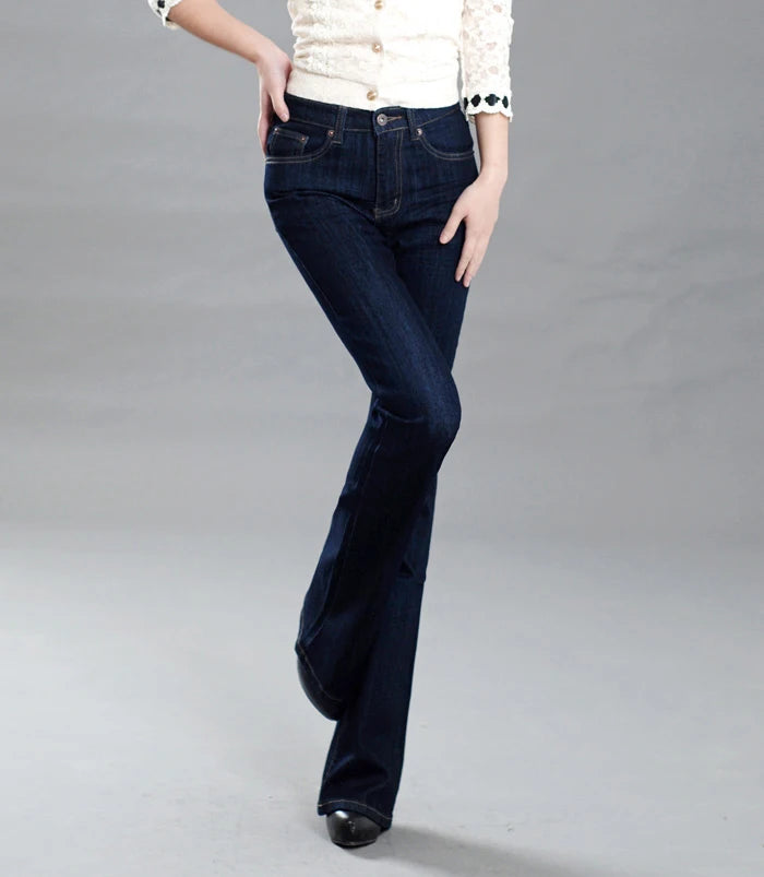 Promotion Women Autumn Bell Bottom Jeans Boot Cut Pants Office Lady Mid Waist Long Flares Trousers Size 26-38