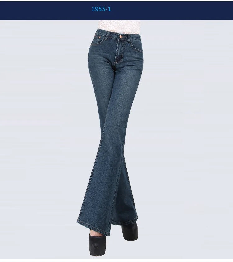 Promotion Women Autumn Bell Bottom Jeans Boot Cut Pants Office Lady Mid Waist Long Flares Trousers Size 26-38